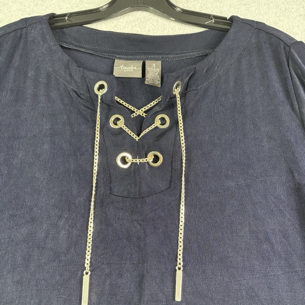 Chicos 3 Travelers Top Women's XL Blue Gold Chain Tie Slinky Travel Classic